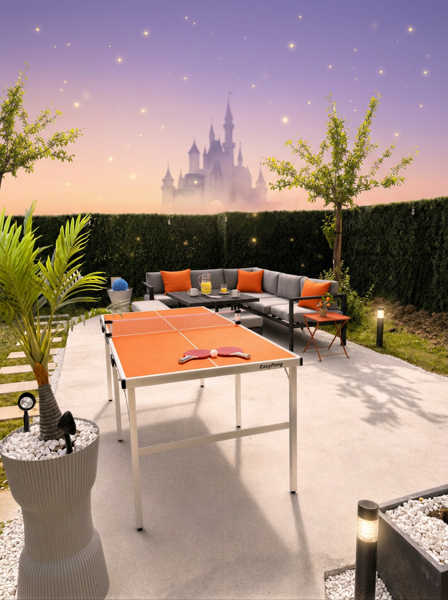 RentDisneyHouse — magical garden with castle dusk sky near Disneyland Paris